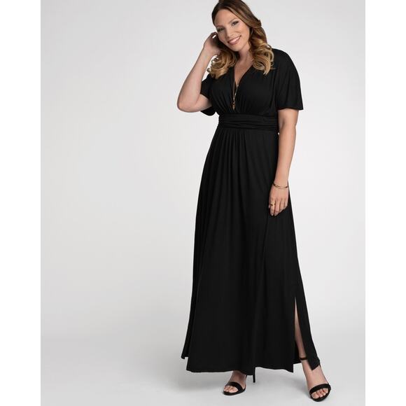 Kiyonna Dress Maxi 1X Black Vienna Style Empire Waist Flutter Sleeve Side Slits - Picture 1 of 9